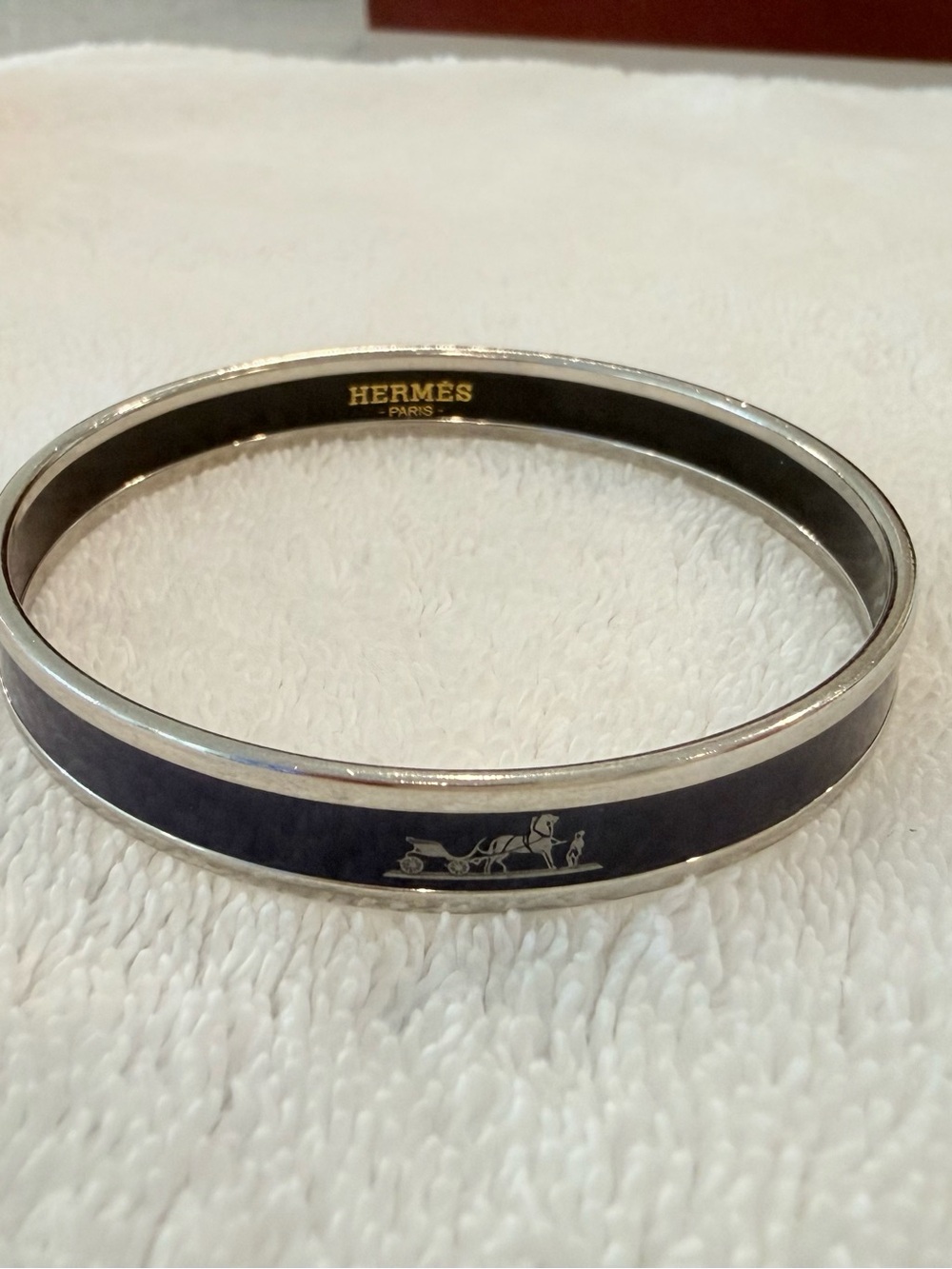 Authentic Hermès Caleche Enamel Bangle Dark Blue & Silver (with Original Box)